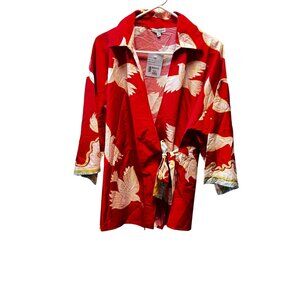 Modaposa Red  Wrap Top With Bird Print & Tie Waist L/XL boho chic top